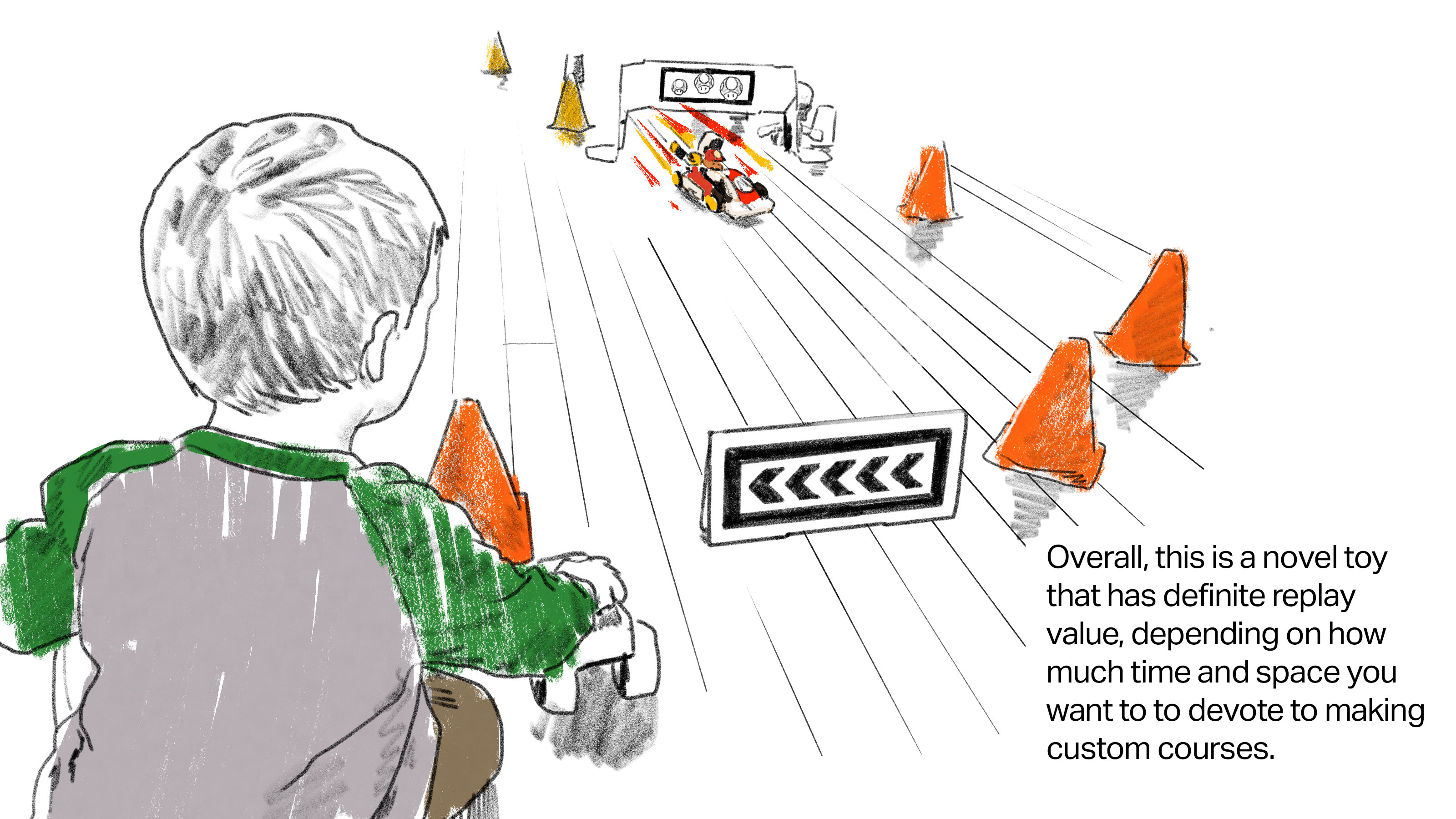Text: Overall, this is a novel toy that has replay value depending on how much time and space you want to to devote to making custom courses. [Image: dining room scene of child and Mario Kart race track]