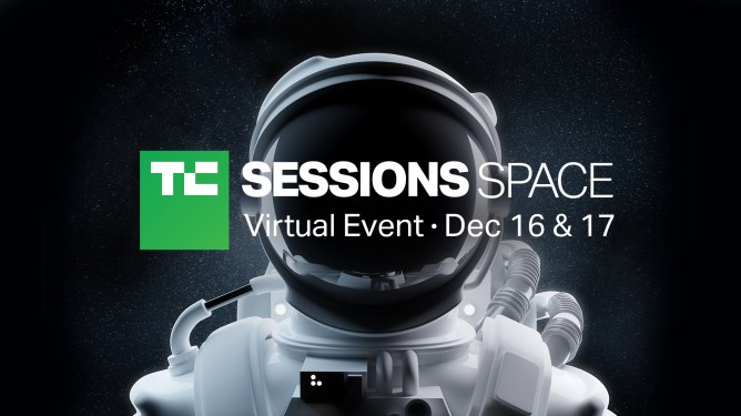 An astronaut on black background. Text reads "TechCrunch Sessions Space: Virtual Event Dec 16 & 17"