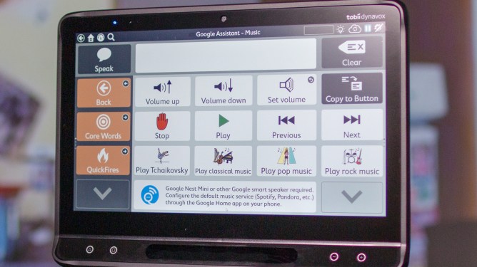 Image of a gaze-tracking Tobii tablet with Google Assistant on it.