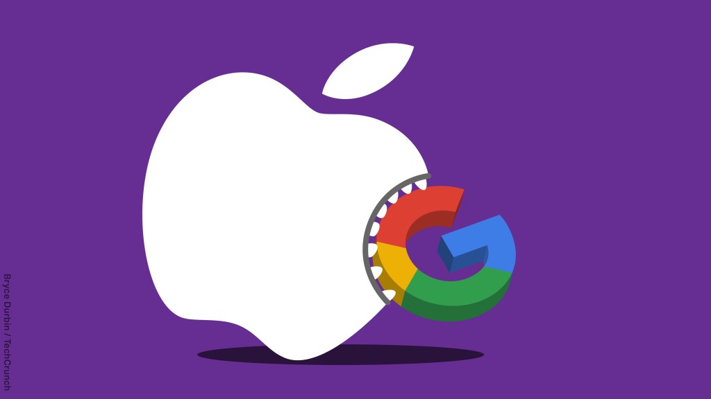 Image of an Apple logo with teeth biting the Google search logo.