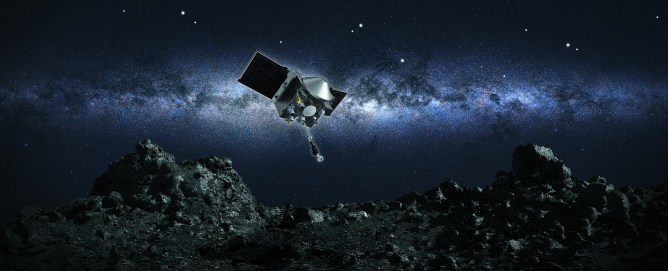 Illustration of OSIRIS-REx spacecraft touching down on an asteroid