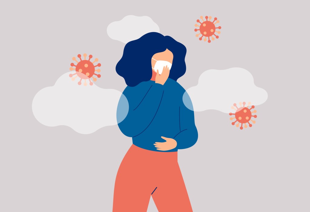 Illustration of a woman coughing with coronaviruses around her.