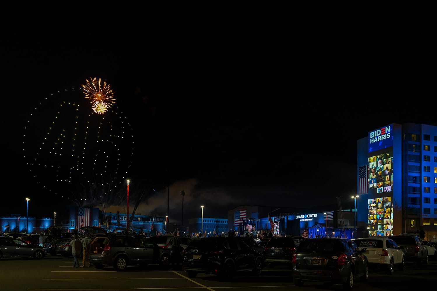 Light drone show displays the number 46 on the evening of Election Day