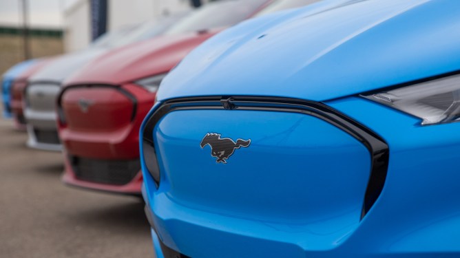 fron of blue Ford Mustang Mach-E 2021