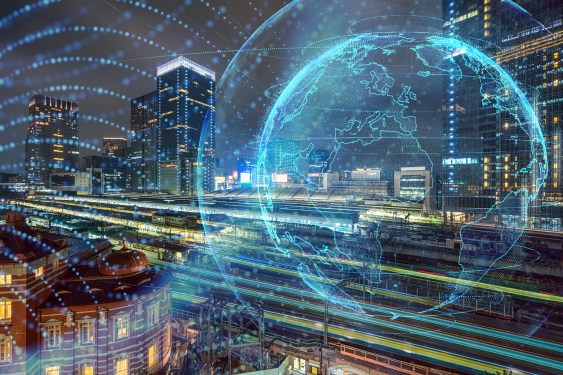 Global network abstract particles render of earth over the Train Trasportation Scene cityscape from terrace at twilight time, graphic and motion with architecture concept