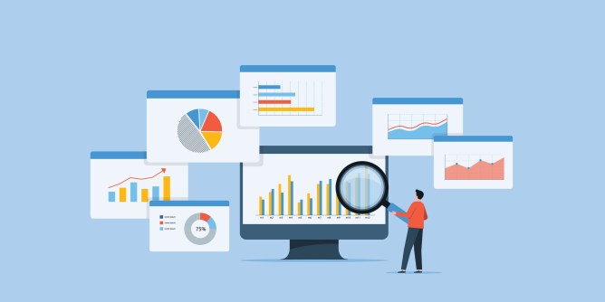 Graphical image of business people and analytics and charts and graphs.