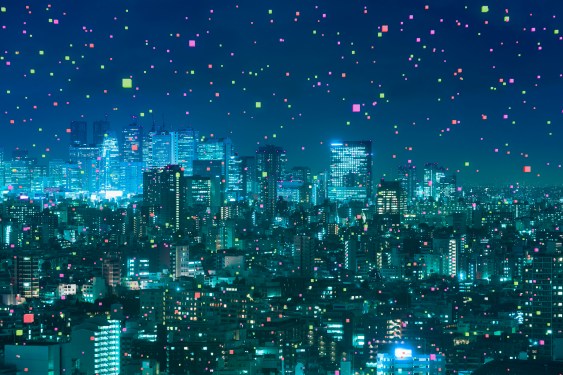 Cityscape with abstract light particles