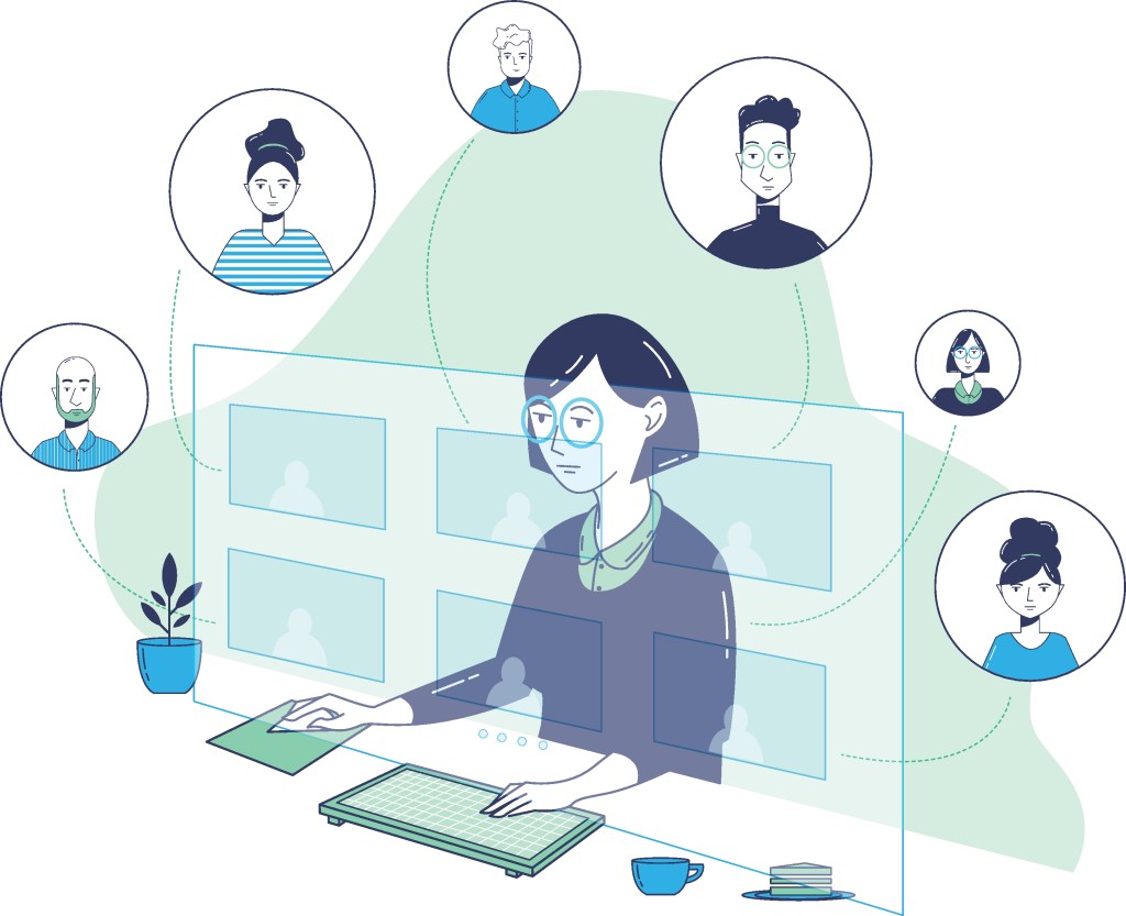 An illustration of a confident businesswoman conducting a virtual meeting from her home during the COVID-19 crisis. She is using a mouse and keyboard. Her colleagues are seen in digitally enhanced images around the computer monitor.