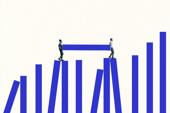 Side view of young man and woman carrying blue bar on graph against white background