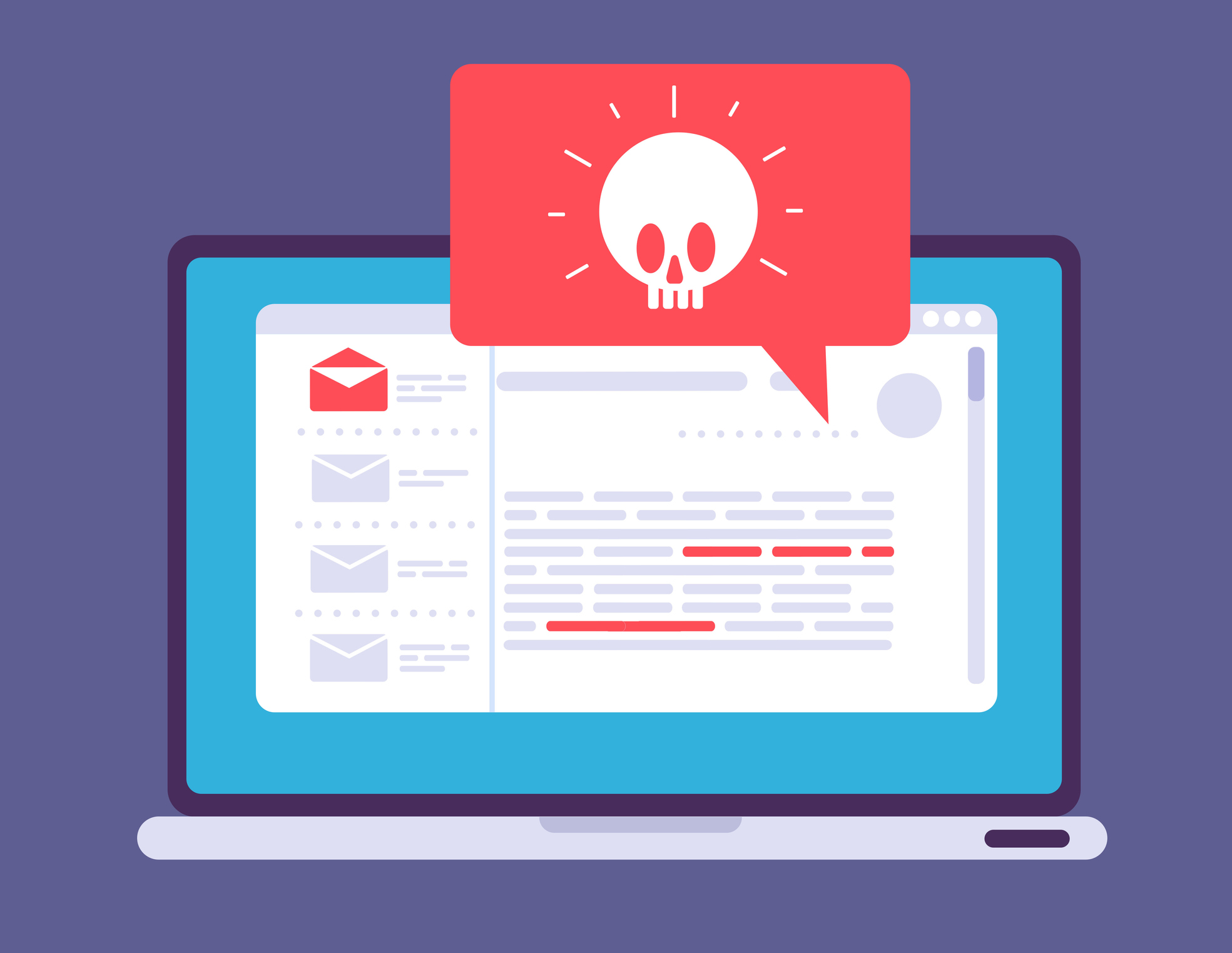 Laptop virus alert. Malware trojan notification on computer screen. Hacker attack and insecure internet connection vector concept. Illustration of internet virus malware
