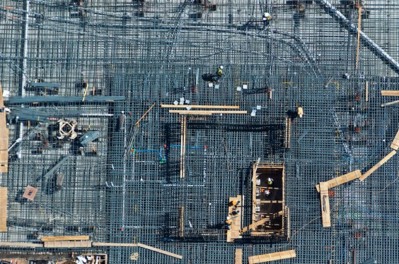 Rebar is laid before poring a cement slab for an apartment in San Francisco CA.