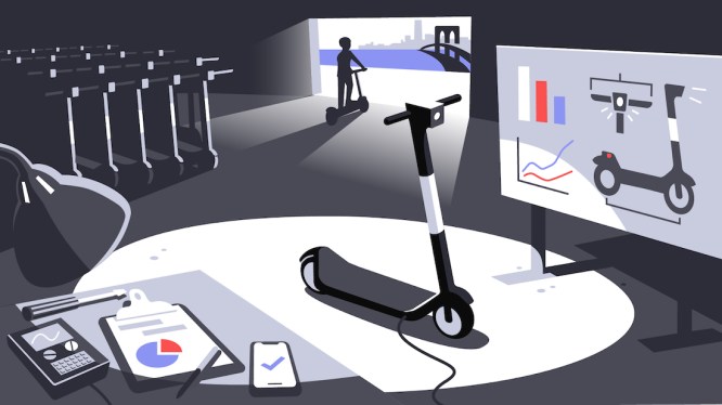 a drawing depicting a warehouse full of bird scooters in a urban setting