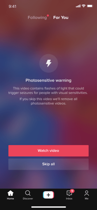 TikTok's warning for videos with content that can trigger epileptic seizures