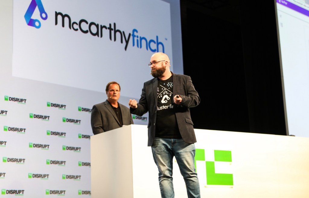 McCarthyFinch presenting at the 2018 TechCrunch Disrupt Battlefield competition