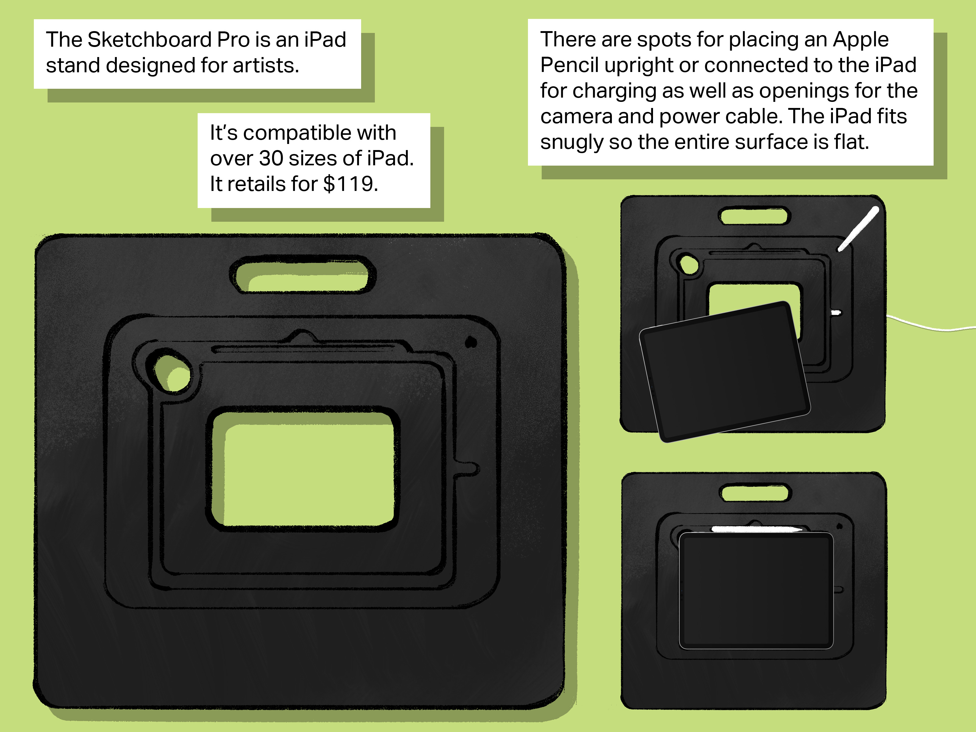 [text] The Sketchboard Pro is an iPad stand designed for artists. It’s compatible with over 30 sizes of iPad. It retails for $119. There are spots for placing an Apple Pencil upright or connected to the iPad for charging as well as openings for the camera and power cable. The iPad fits snugly so the entire surface is flat. [image: Three views of the Sketchboard Pro from overhead, one empty, one with an iPad being inserted as well as a power cord and one with an iPad in place.]