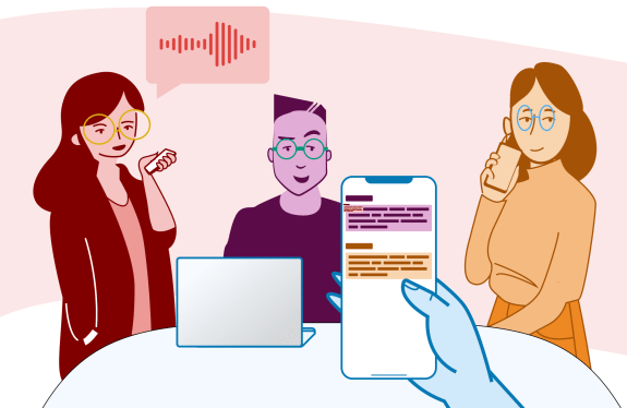 Illustration of a group talking and a phone transcribing the audio.