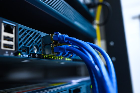 A photo of network cables in a computer server.