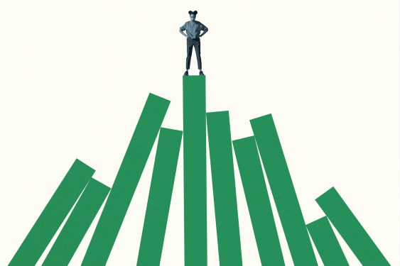 Young woman standing on top of tall green bar graph against white background