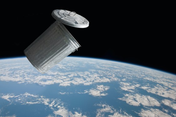 Garbage can floating in orbit around Earth