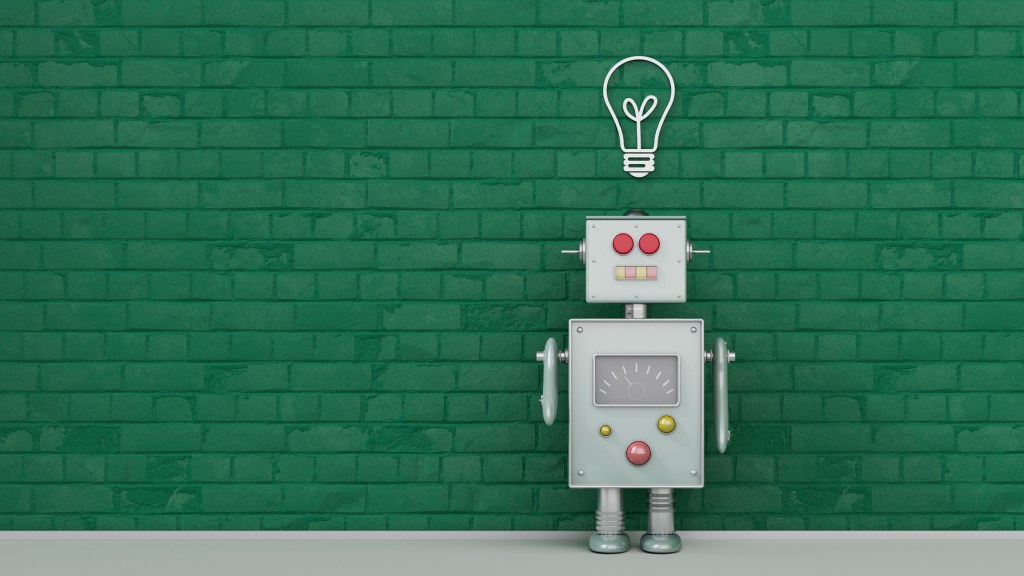 Robot under light bulb painted on brick wall, 3d rendering