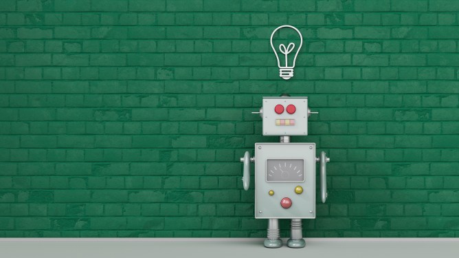 Robot under light bulb painted on brick wall, 3d rendering