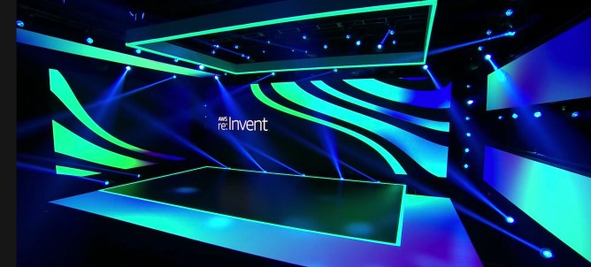 AWS re:invent 2020 stage with re:invent logo