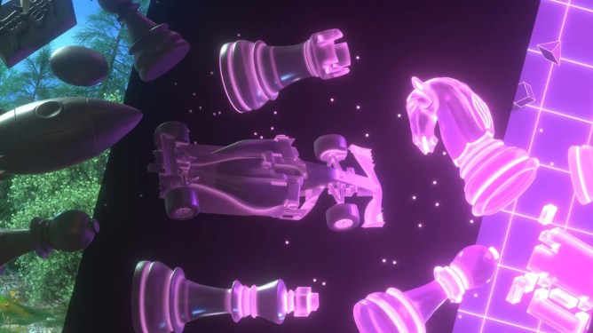 Illustration of chess pieces floating in space with video game bombs.