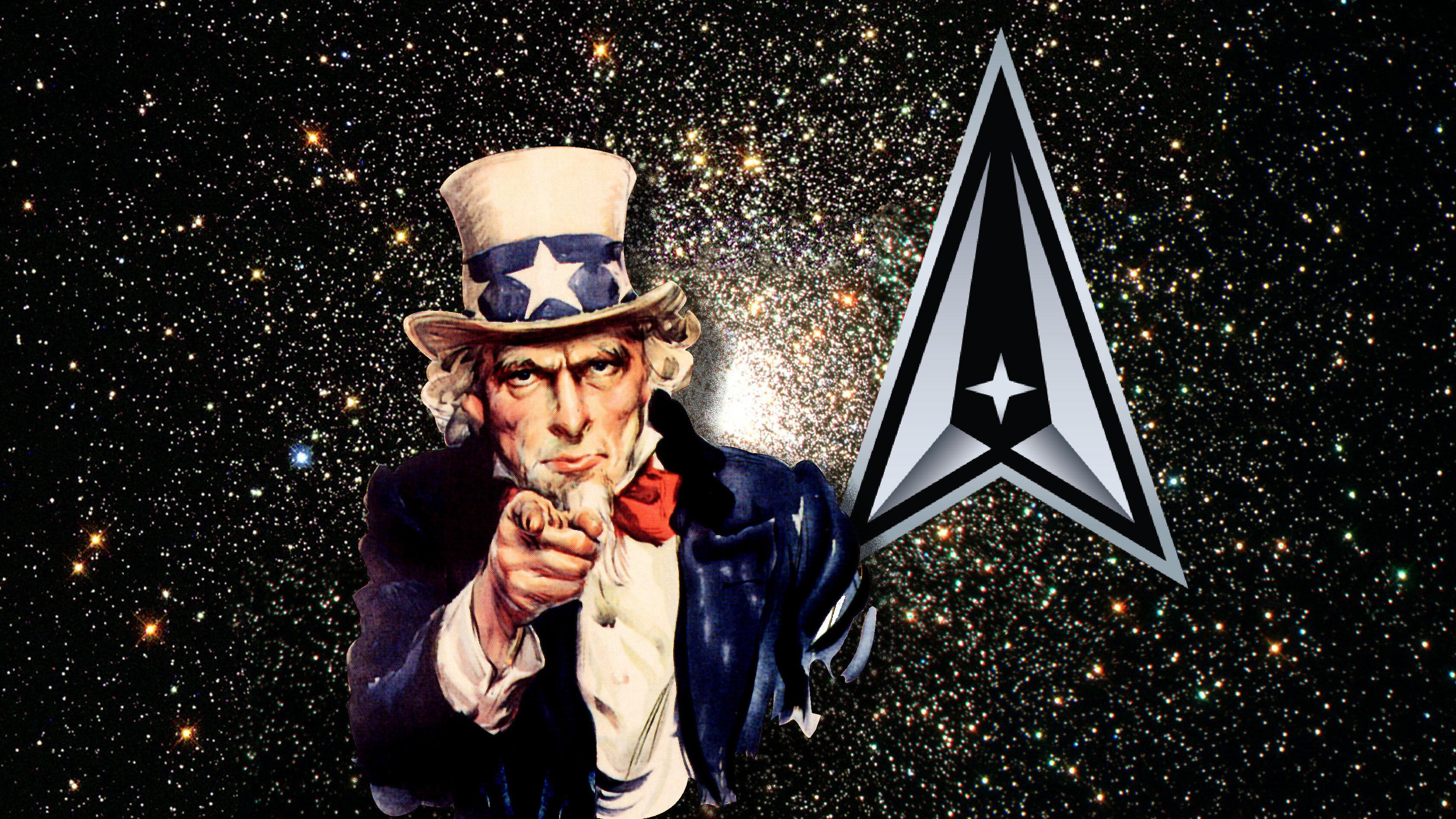 Image of Uncle Sam floating in space with the Space Force logo above his left shoulder.