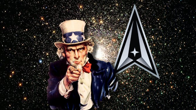 Image of Uncle Sam floating in space with the Space Force logo above his left shoulder.
