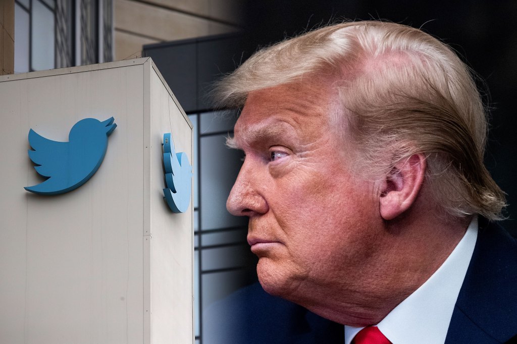 montage of Twitter headquarters and Donald Trump