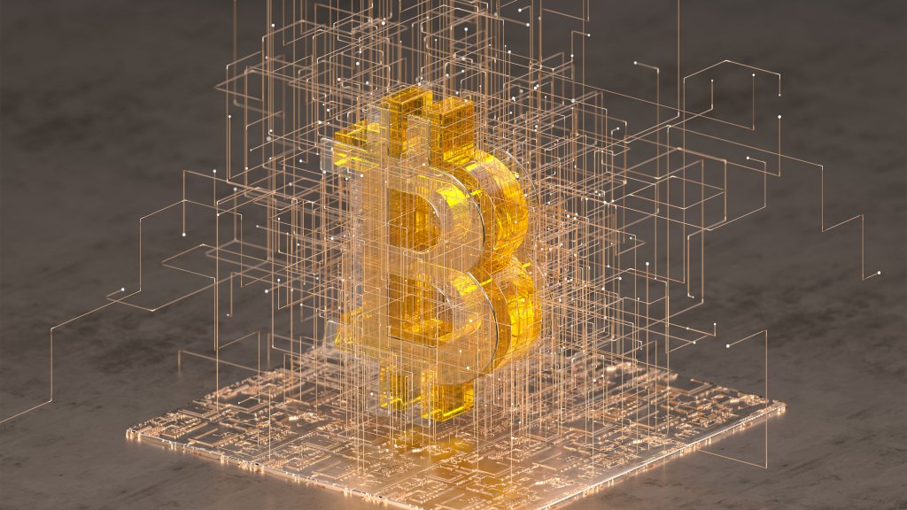 Close up of transparent bitcoin sign standing on golden digital surface surrounded by wire network.