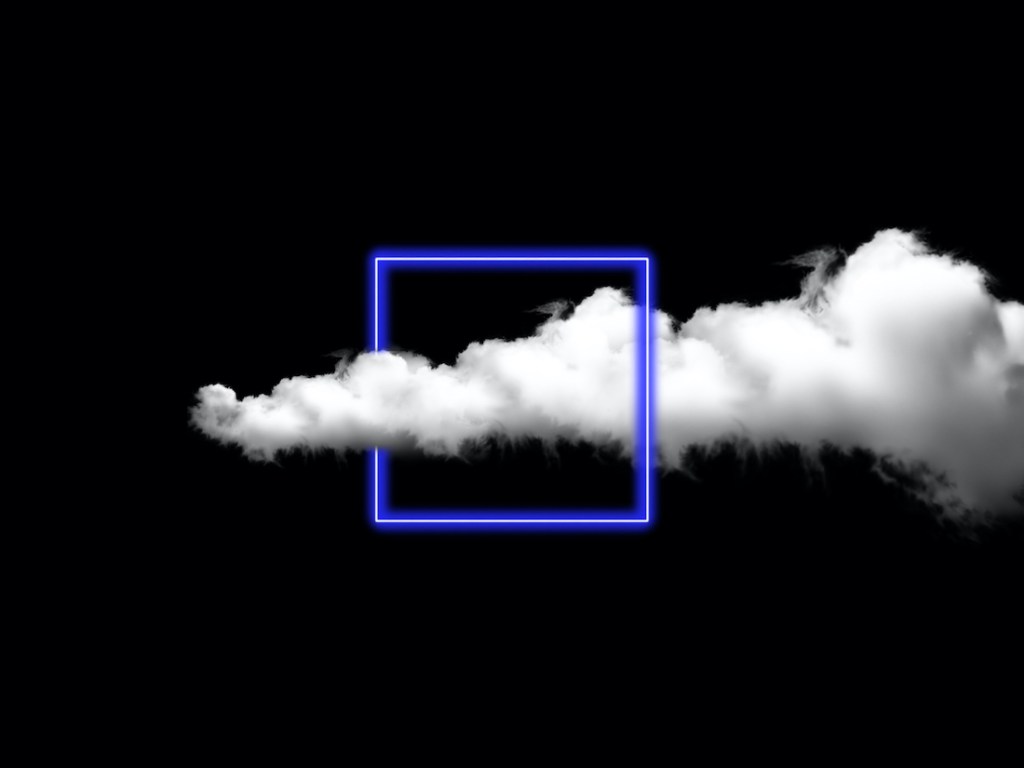 Neon Square Light Between The Clouds On Black Background