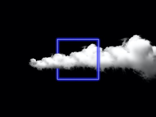 Neon Square Light Between The Clouds On Black Background