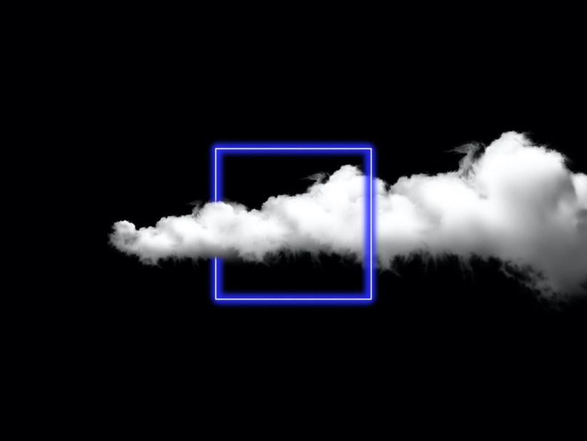 Neon Square Light Between The Clouds On Black Background
