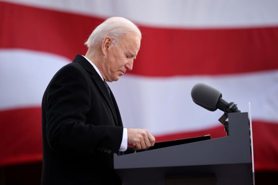 NEW CASTLE, DELAWARE - JANUARY 19: One day before being inaugurated as the 46th president of the United States, President-elect Joe Biden becomes emotional as he delivers remarks at the Major Joseph R. "Beau" Biden III National Guard/Reserve Center January 19, 2021 in New Castle, Delaware. The reserve center is named for Beau Biden, Joe Biden’s oldest child and who served as attorney general of Delaware and a major in the state’s National Guard before dying of brain cancer at the age of 46 in 2015. (Photo by Chip Somodevilla/Getty Images)