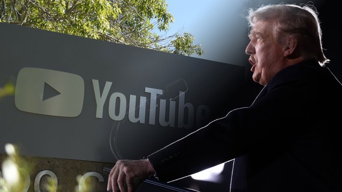 montage of YouTube headquarters and Donald Trump