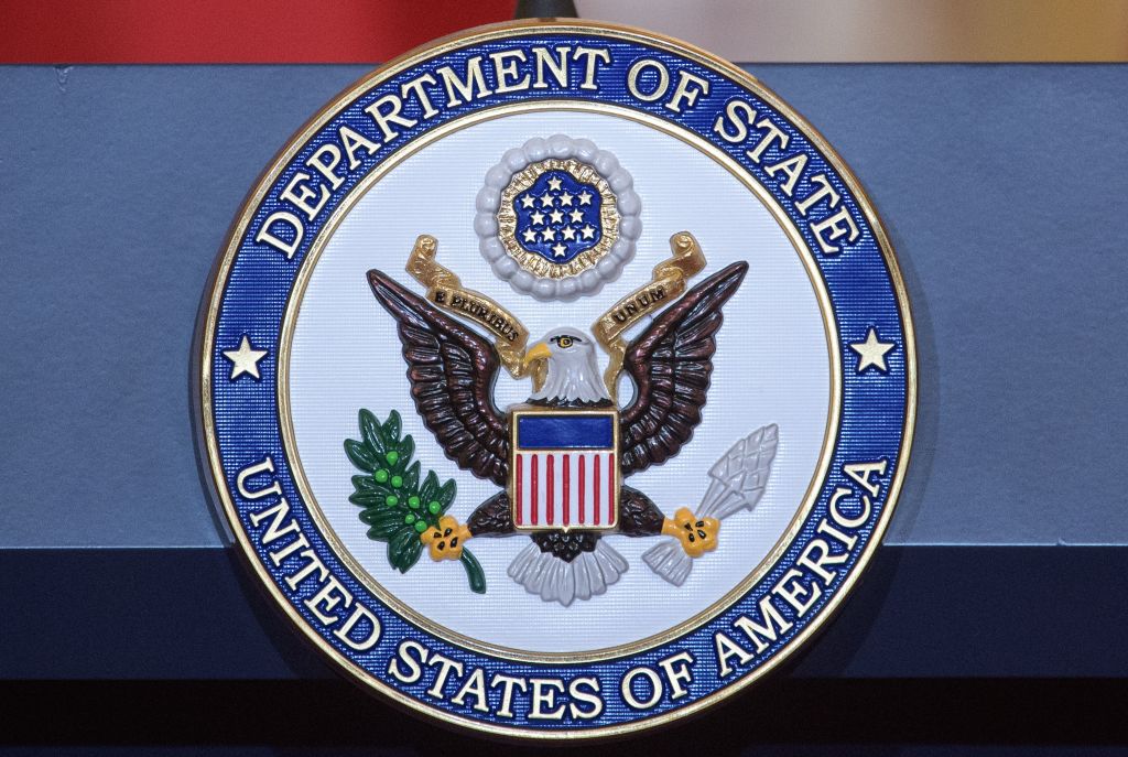 A May 11, 2018 photo shows the seal of the US State Department at the State Department in Washington, DC.