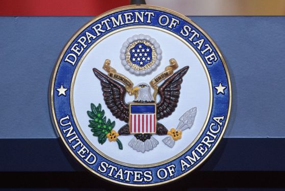 A May 11, 2018 photo shows the seal of the US State Department at the State Department in Washington, DC.