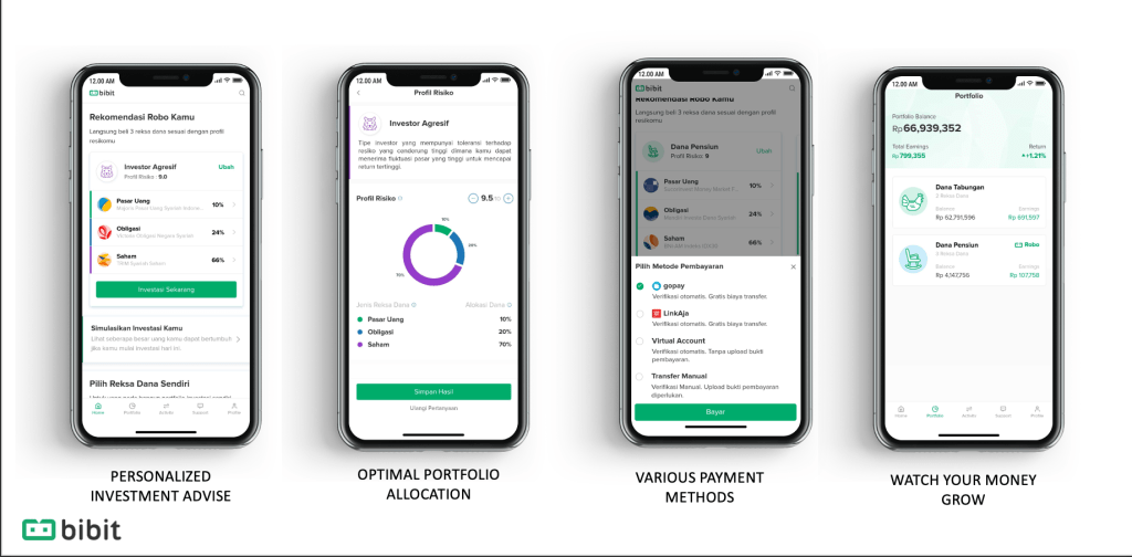 Screenshots of Bibit, an Indonesian robo-advisor investment app