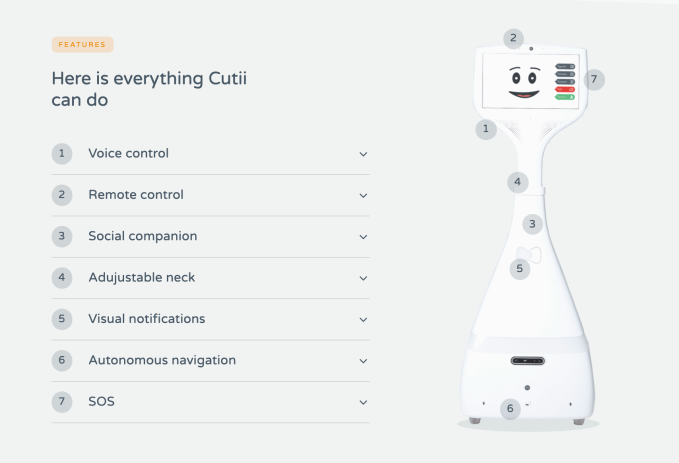A diagram of companion robot Cutii's features