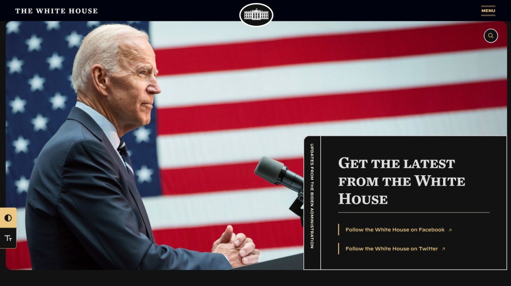 Screenshot of WhiteHouse.gov's website in dark mode