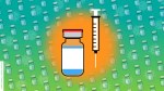 illustration of vial and needle, coronavirus in background