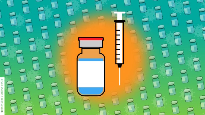 illustration of vial and needle, coronavirus in background