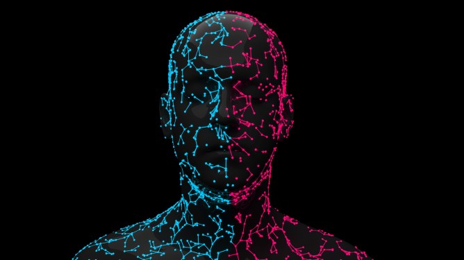 A computerized version of a face, one half blue, the other half red