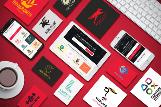 An illustration showing logos from DesignCrowd displayed on mobile devices