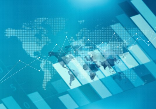 World map and bar graph to illustrate data visualization concept