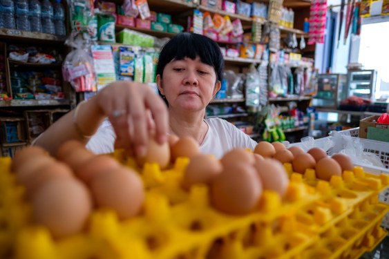 A woman arranging eggs inside a small family-owned store, called warung, in Tasikmalaya, Indonesia.