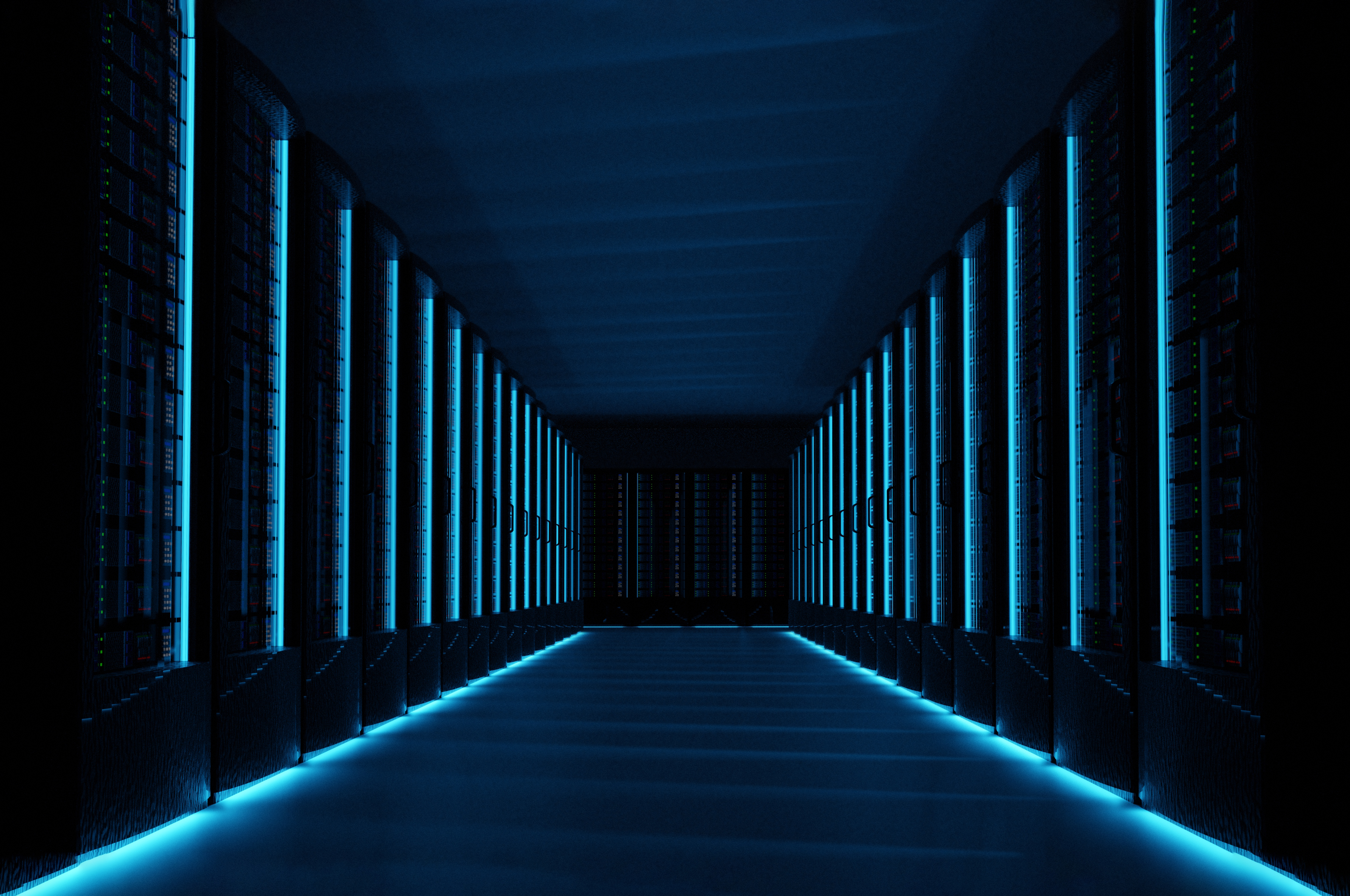 Dark servers data center room with computers and storage systems