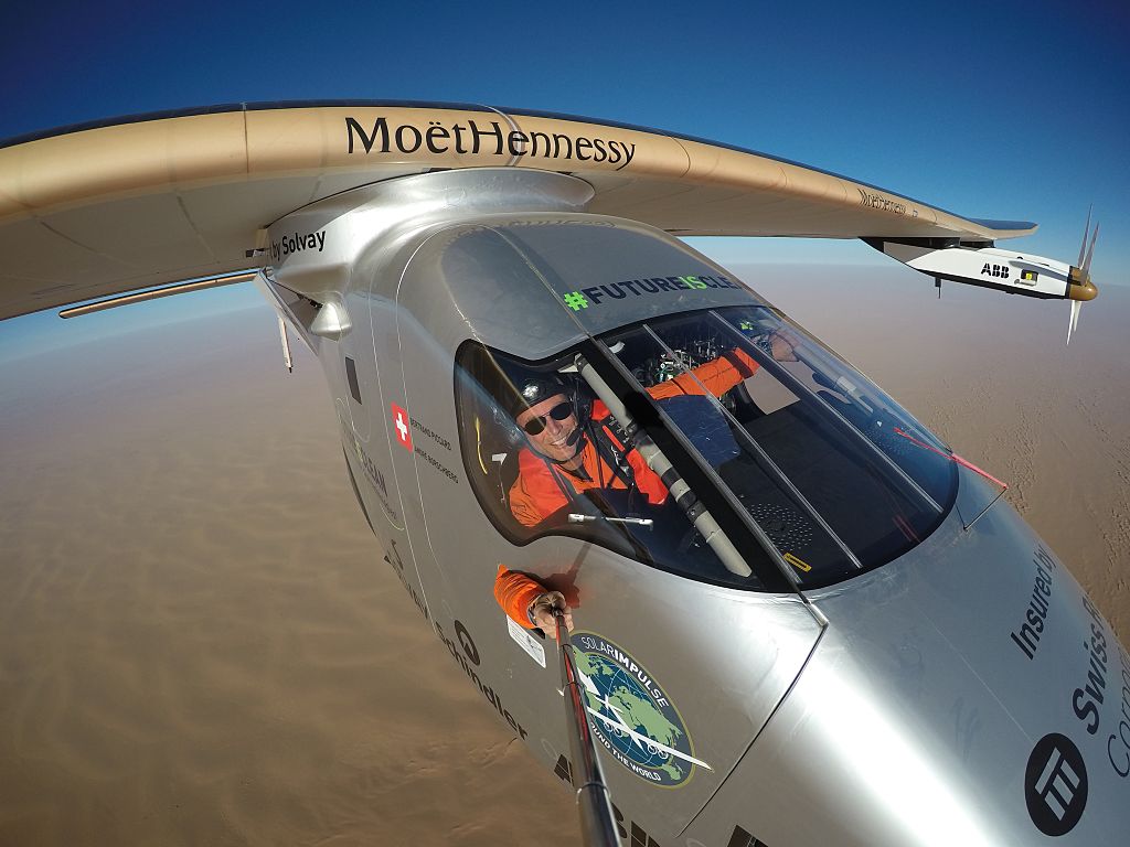 ABU DHABI, UAE - JULY 26: Swiss pilot Bertrand Piccard takes a selfie during the last leg of the round the world trip with Solar Impulse 2 prior to the landing in Abu Dhabi to finish the first around the world flight without the use of fuel in Abu Dhabi, United Arab Emirates on July 25, 2016. Solar Impulse's journey across the world is meant to promote clean energy and prove the viability of a solar-powered aircraft. (Photo by Pool / Solar Impulse / Bertrand Piccard/Anadolu Agency/Getty Images)