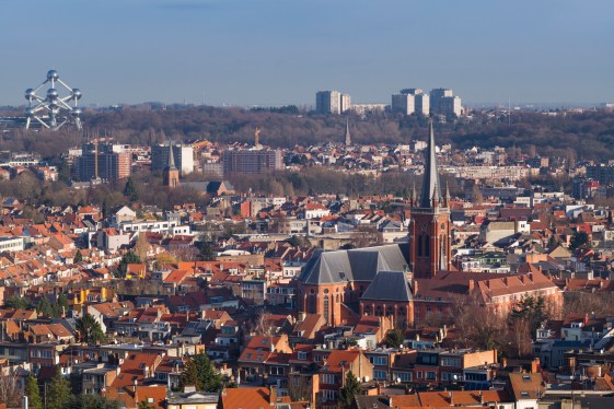 Belgium, Brussels, Koekelberg, Basilique nationale du Sacre-Coeur basilica, elevated city skyline view from the roof towards the Atomium in Heysel